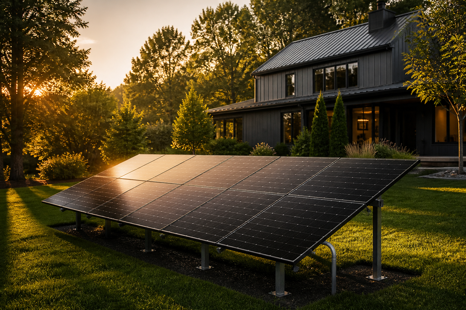 Residential ground-mounted solar array in a landscaped yard