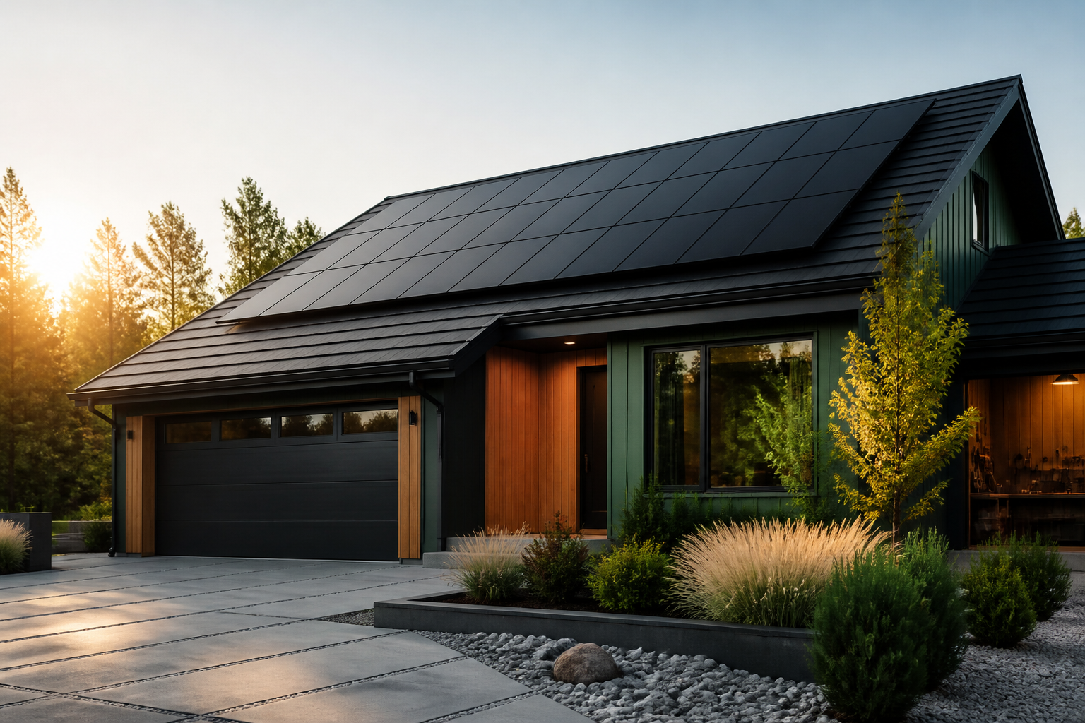 Modern home with black rooftop solar panels