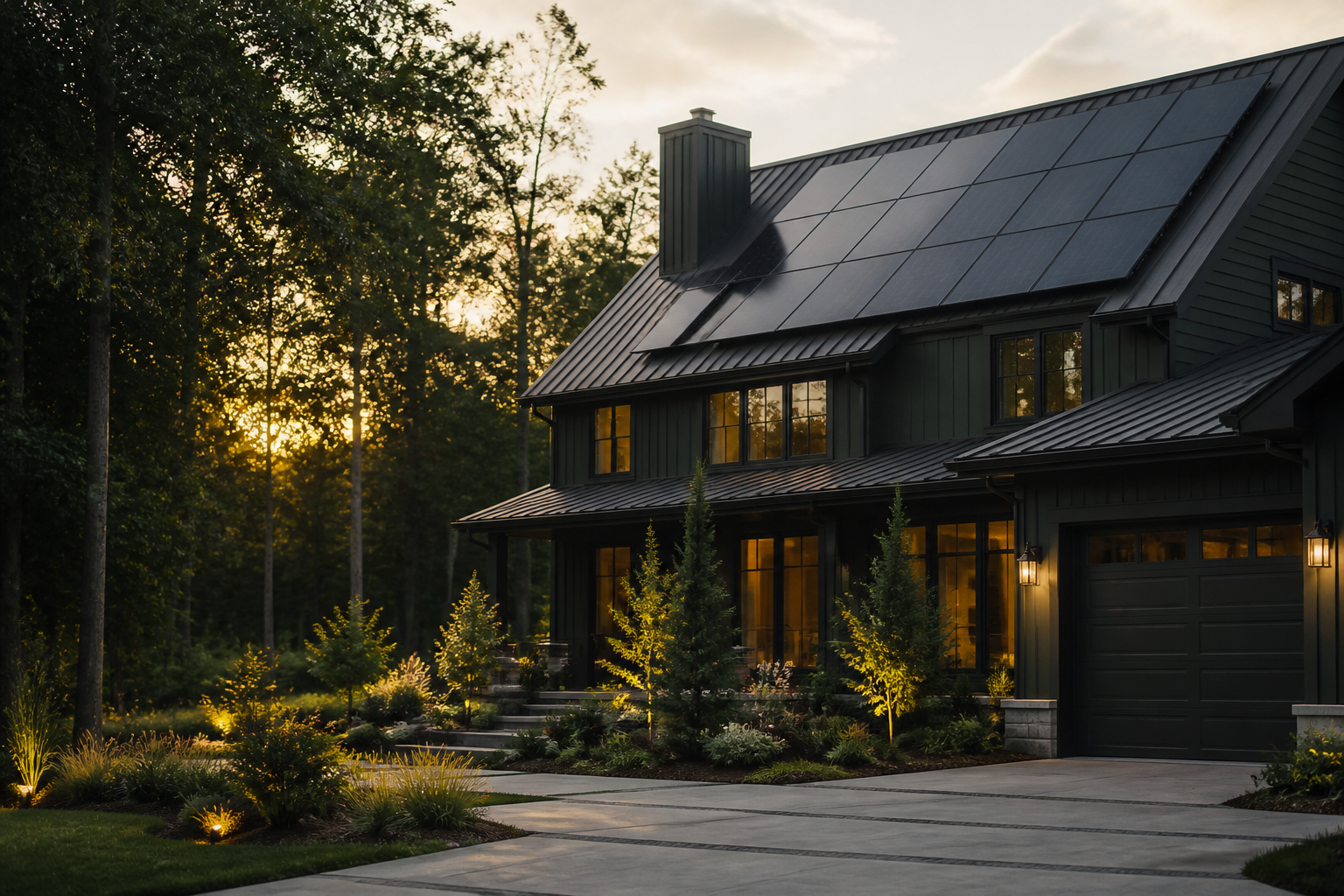 Beautiful modern home with black solar panels on the roof at golden hour